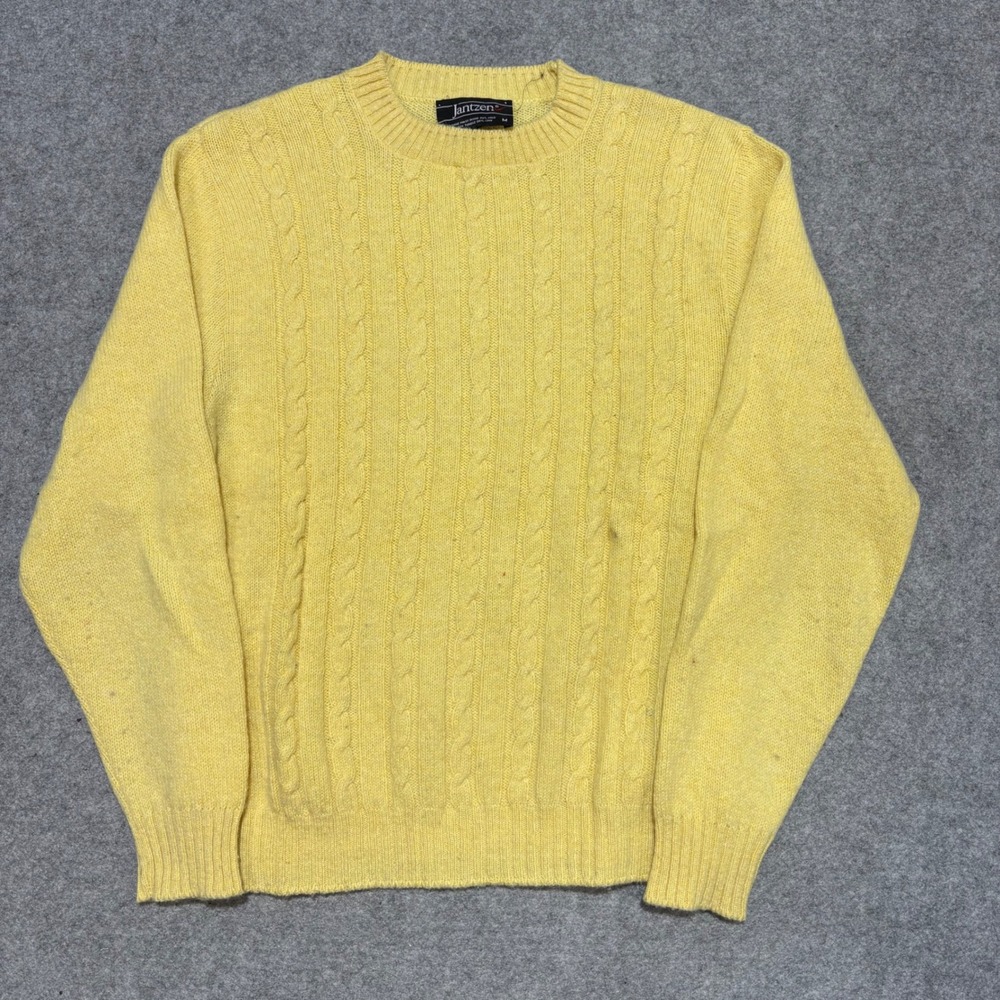 Jantzen Mens Yellow Cable Knit Crewneck Sweater Size M Long Sleeve Pullover
